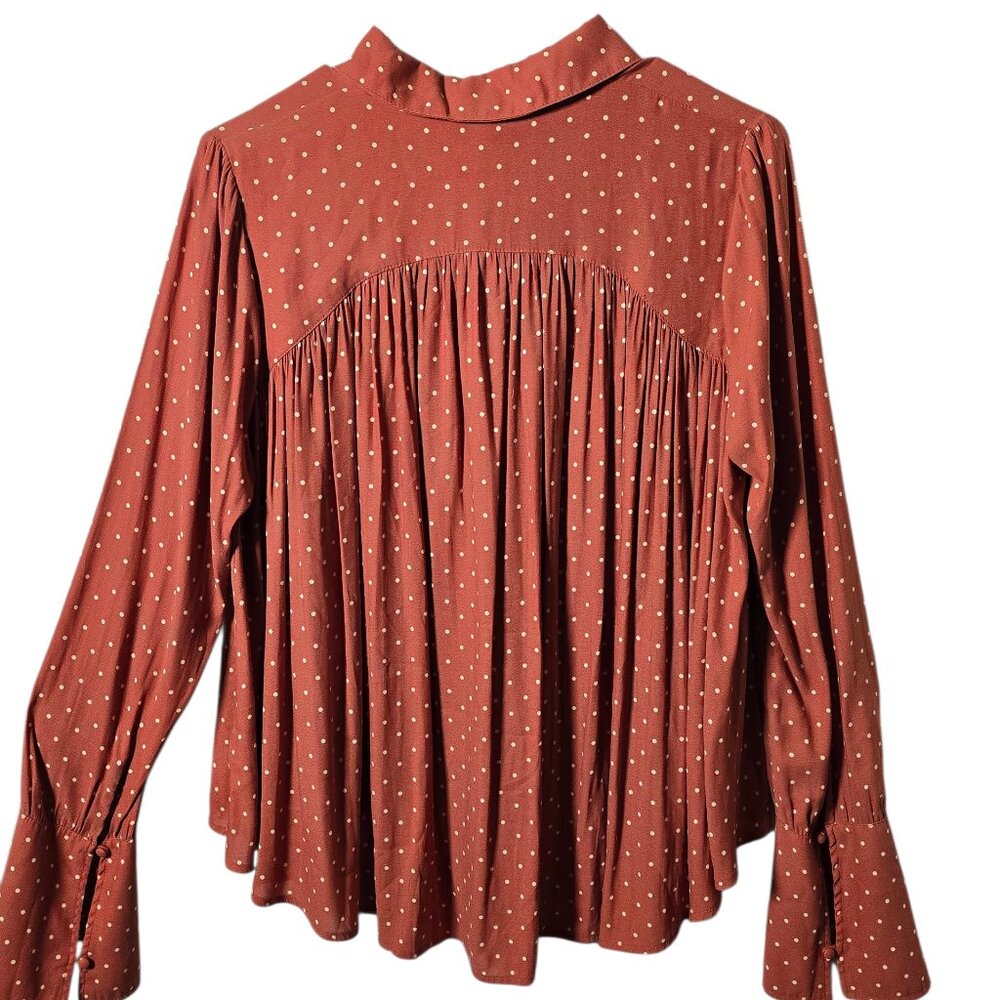 Free People Rust Polka Dot Blouse Small Romantic Boho Ruffle Button Top - Picture 6 of 11